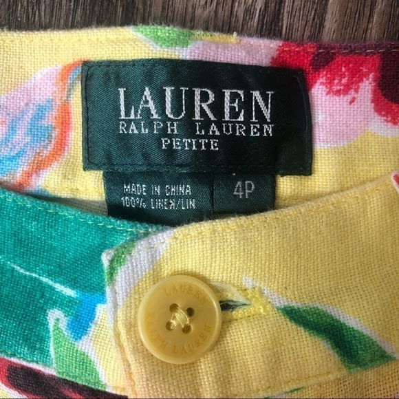 Lauren Ralph Lauren Linen Butter Yellow Floral Cropped Pants - Picture 2 of 11